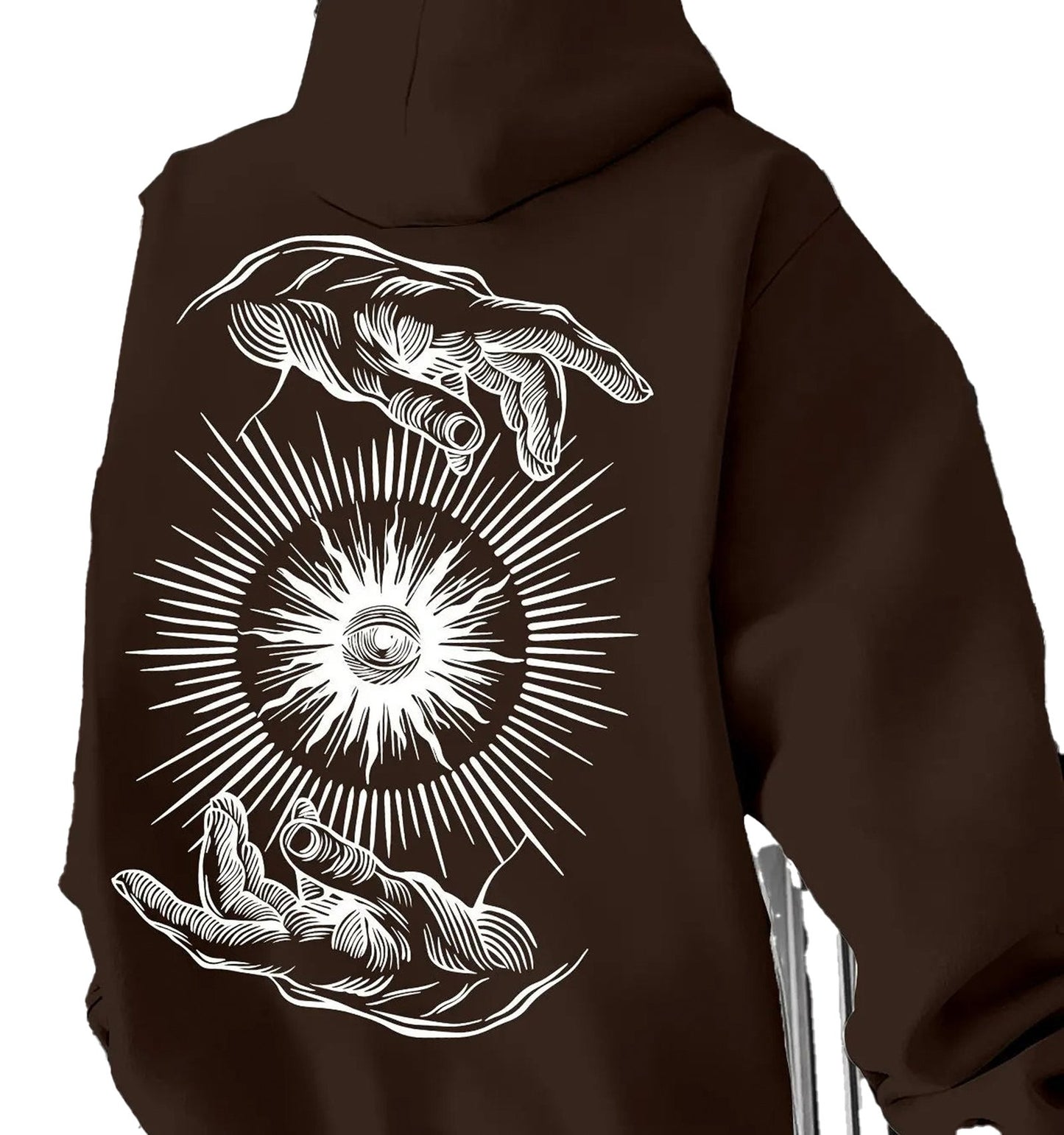 Vintage printed hoodie for men featuring hands and an eye design on the back in dark brown color
