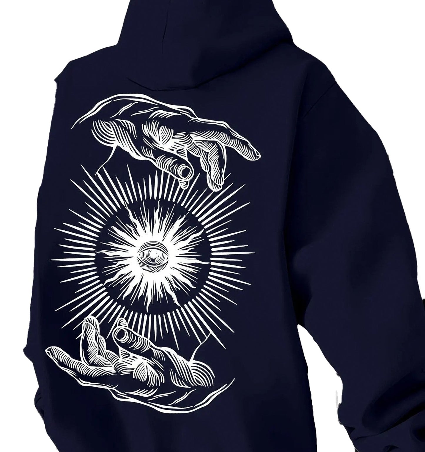 Navy vintage printed hoodie for men featuring a unique graphic of hands and an eye design
