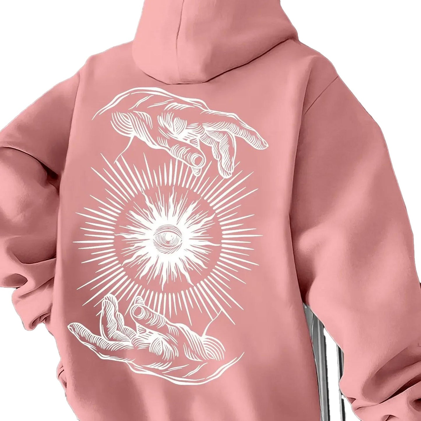 LuckeLadybug LLC vintage printed hoodie for men in pink with artistic hands and sun design