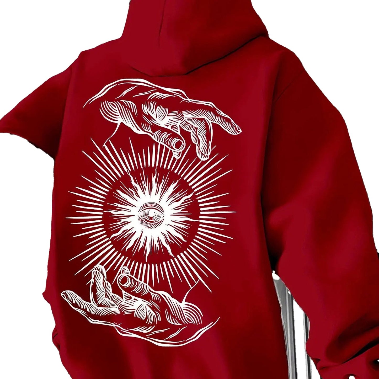 Men's vintage printed hoodie with hands and eye design in a striking red color