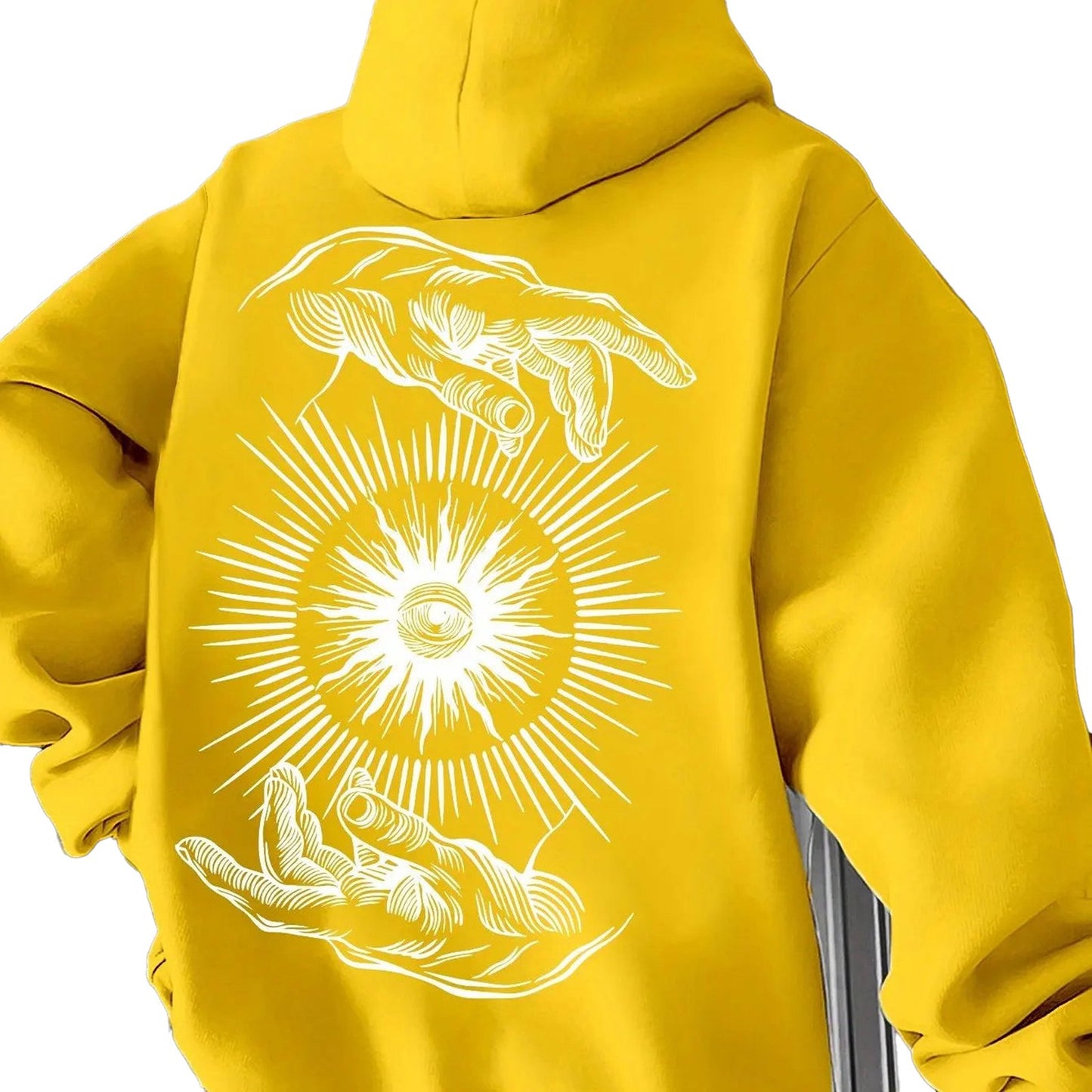 Bright yellow vintage printed hoodie for men featuring a unique hands and sun design on the back