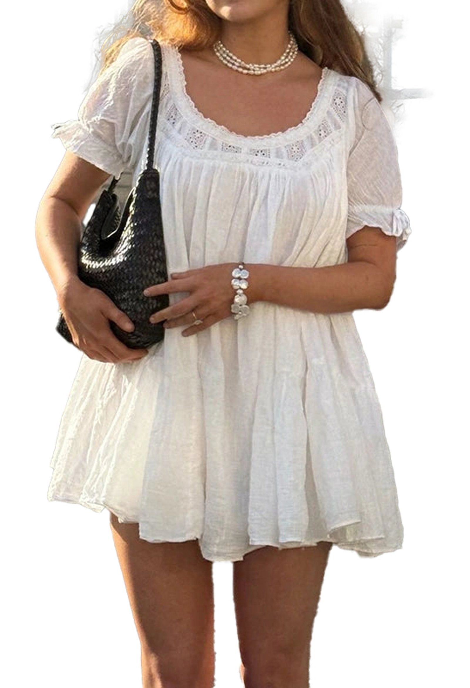 LuckeLadybug LLC Vintage Puff Sleeve Babydoll Dress in White with Lace Detailing and Flowy Fit