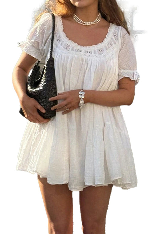 LuckeLadybug LLC Vintage Puff Sleeve Babydoll Dress in White with Lace Detailing and Flowy Fit