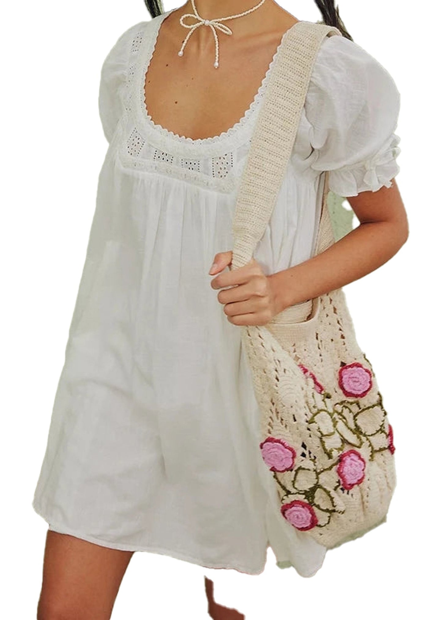 LuckeLadybug vintage puff sleeve babydoll dress in white, featuring delicate lace details and a relaxed fit