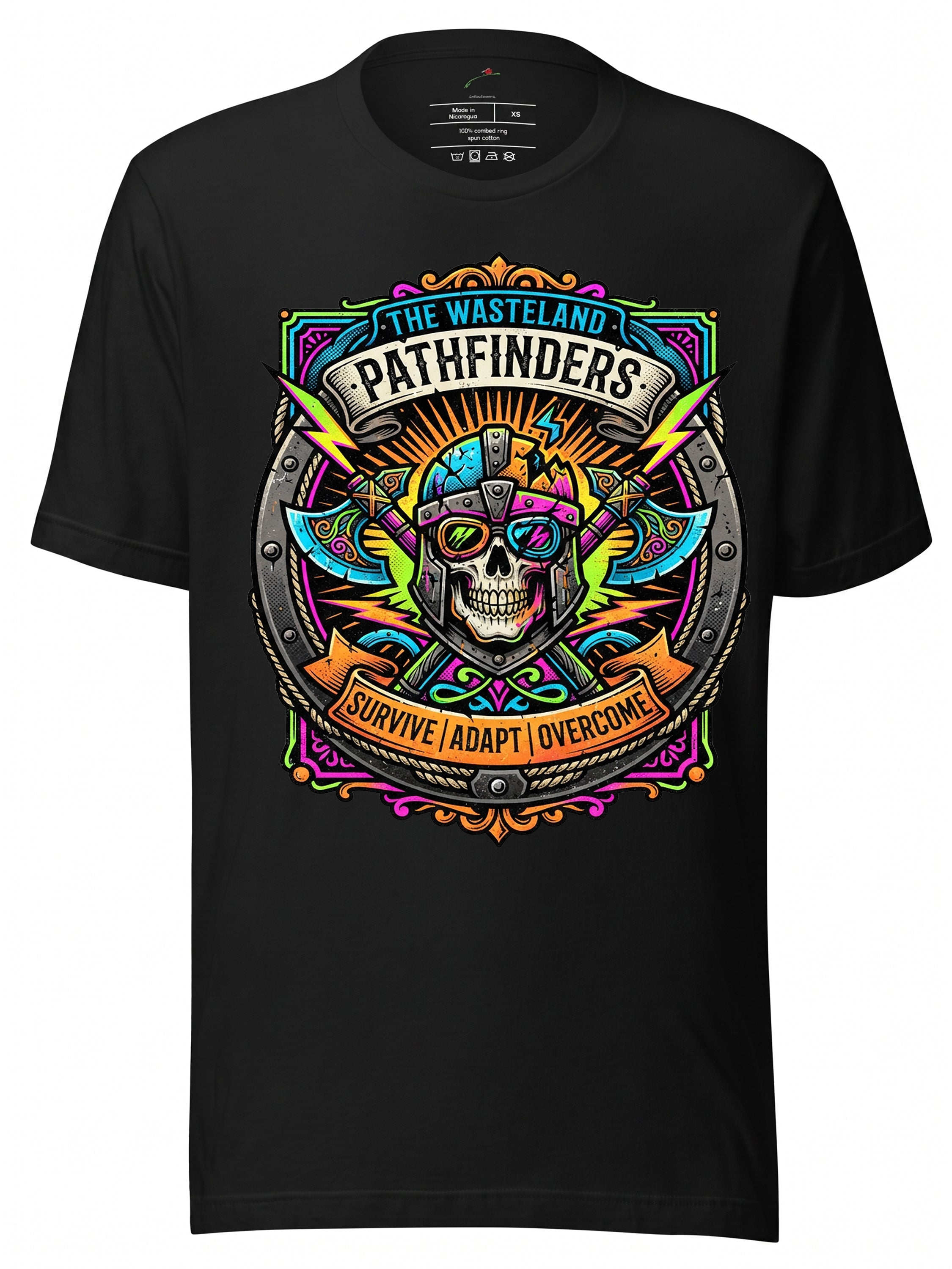Black vintage t shirt featuring a colorful skull design with the text Survive Adapt Overcome