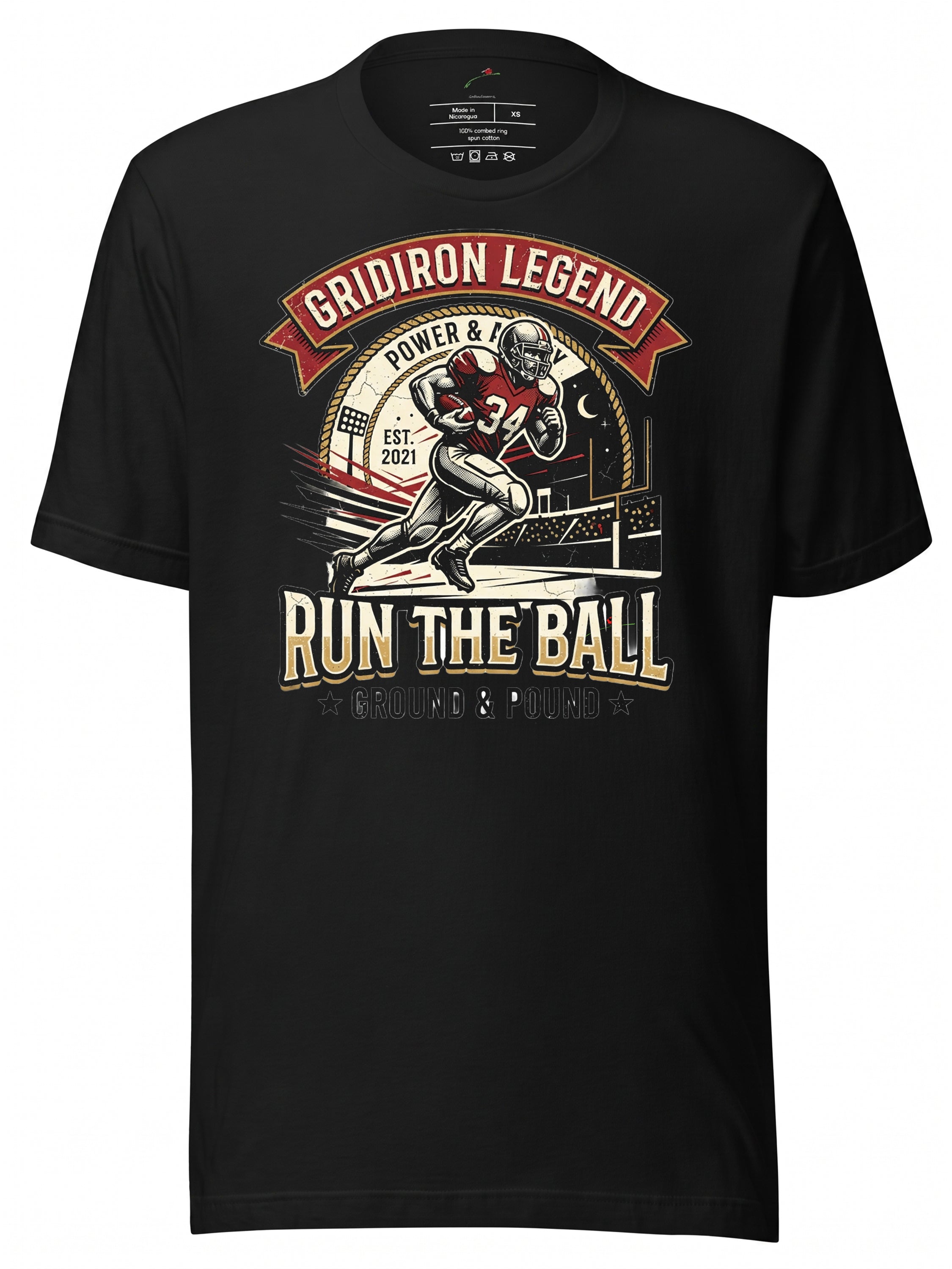 Black vintage t shirt featuring a football graphic with 'Run the Ball' and 'Gridiron Legend' text