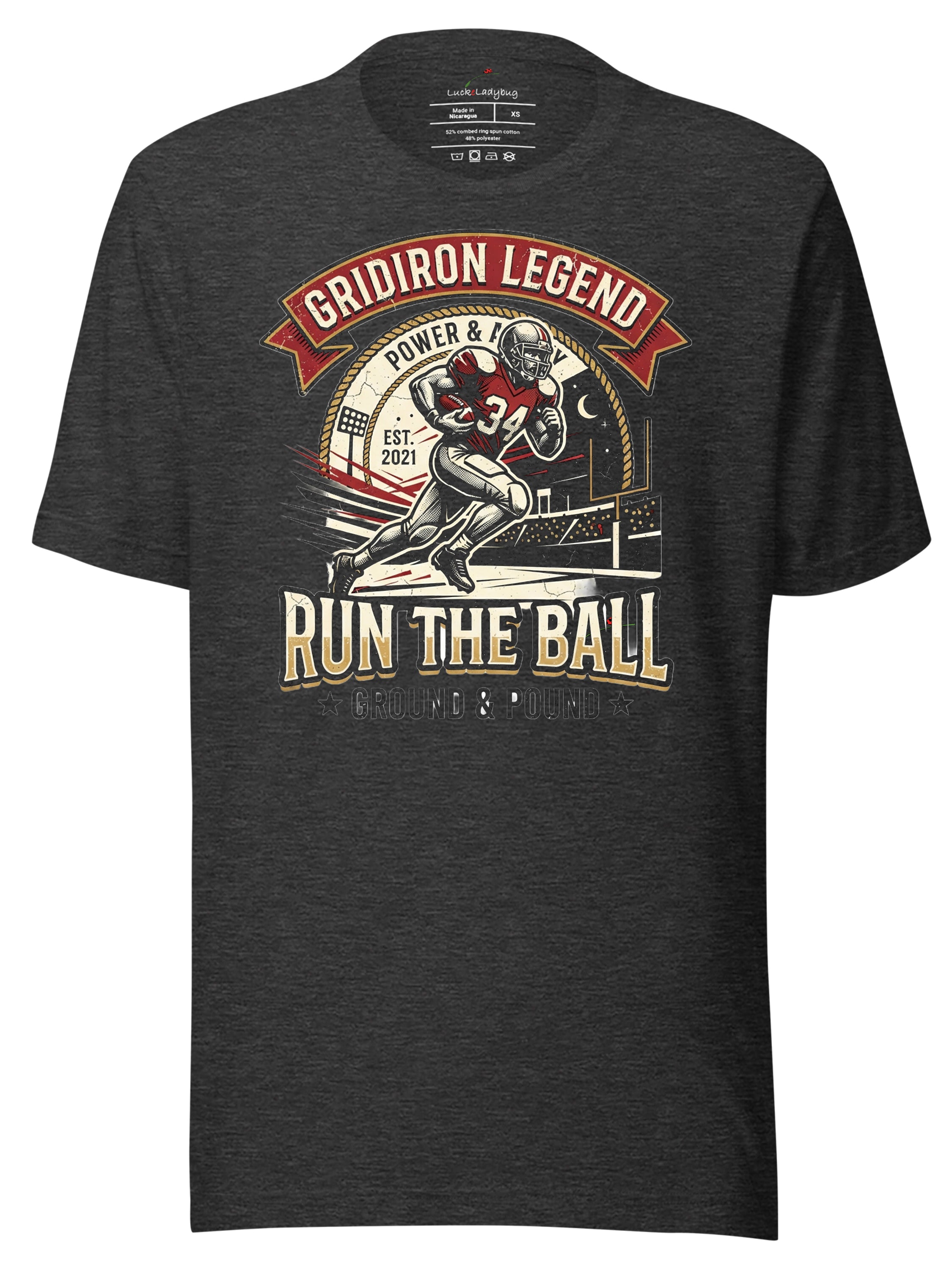 LuckeLadybug vintage t shirt featuring a football graphic with the text Run The Ball