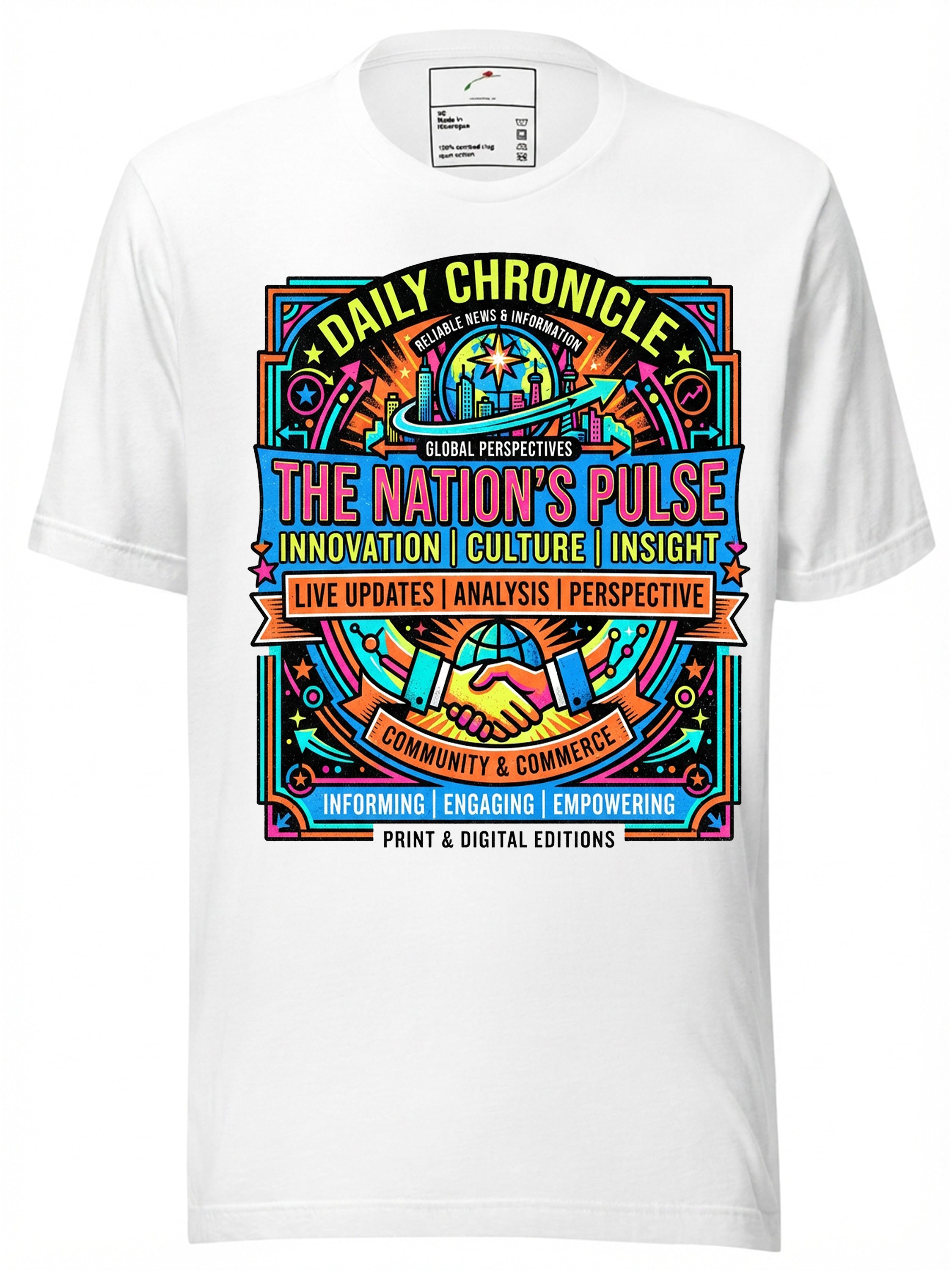 LuckeLadybug LLC Vintage T Shirt with colorful graphic design featuring newspaper and community themes