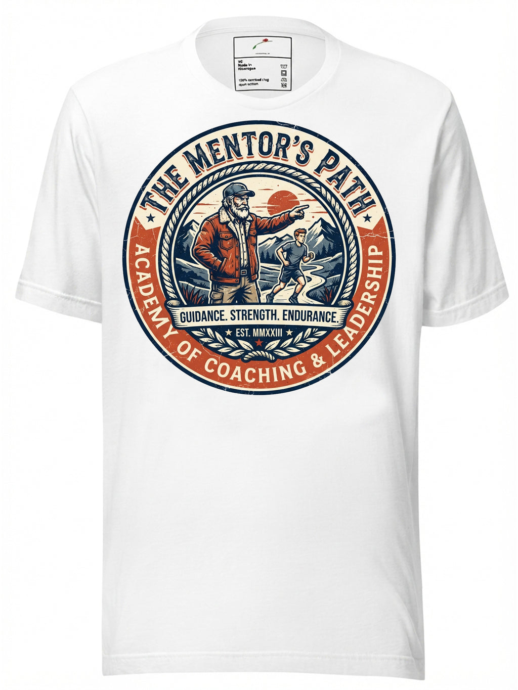 White vintage tee shirts featuring a retro design of a mentor guiding a student
