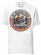 White vintage tee shirts featuring a retro design of a mentor guiding a student