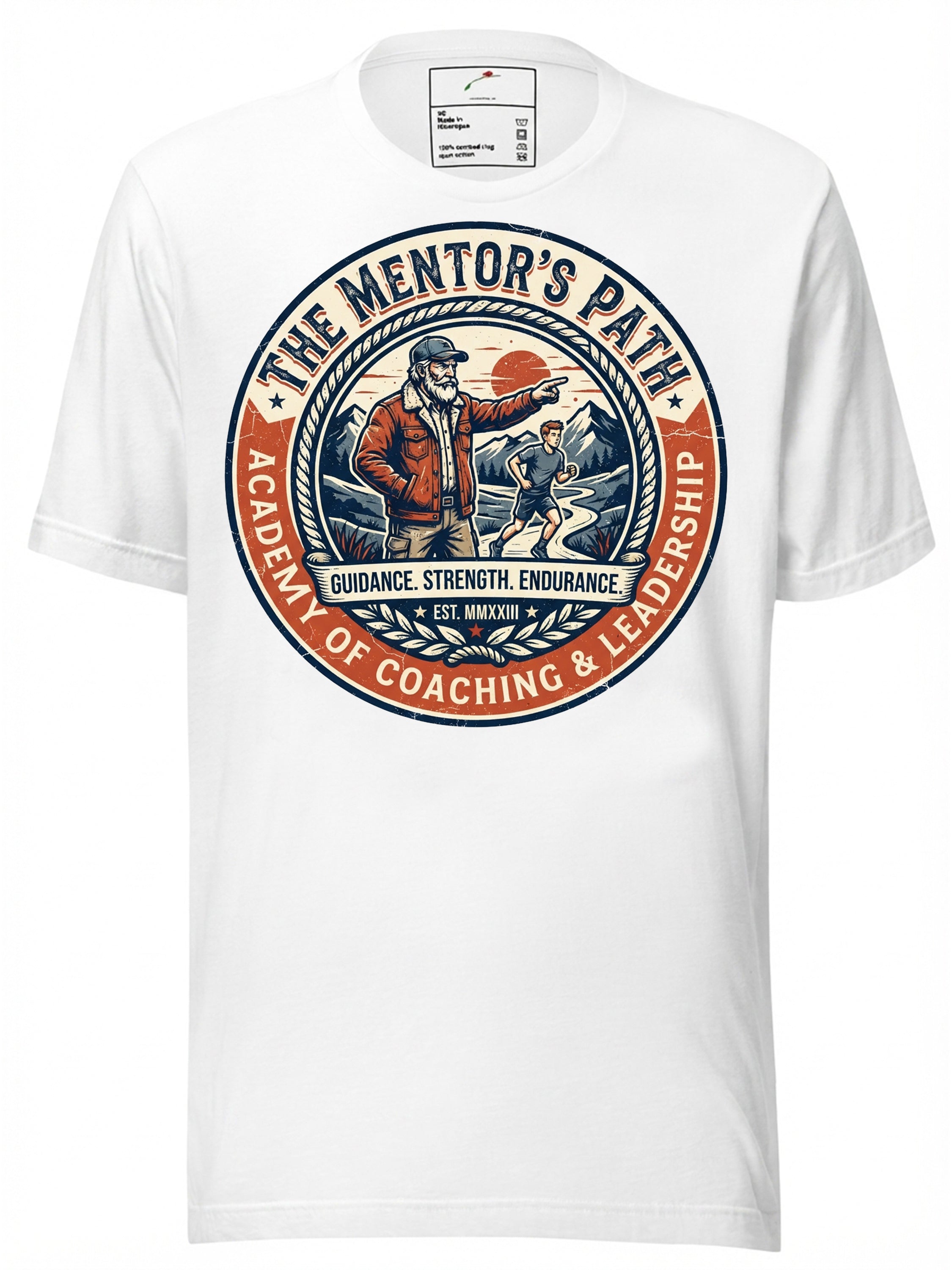 White vintage tee shirts featuring a retro design of a mentor guiding a student
