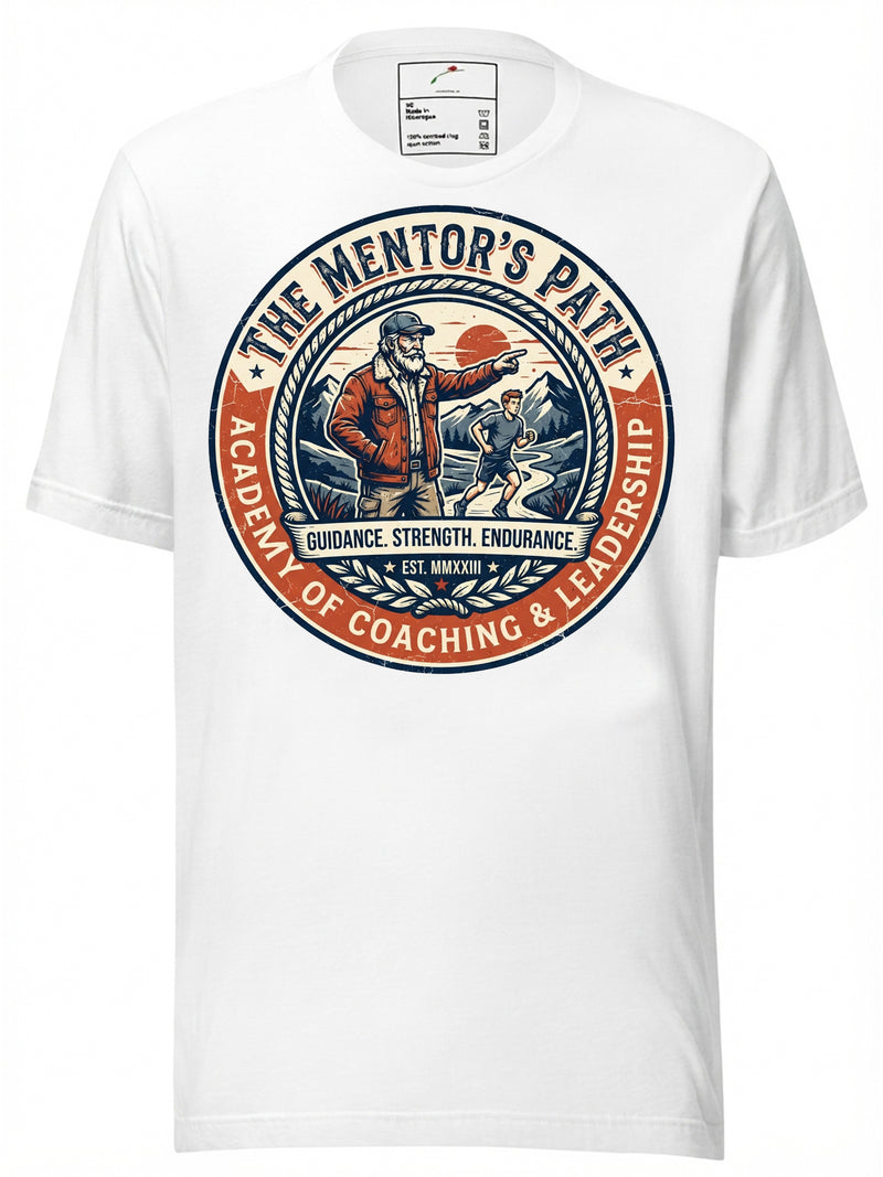 White vintage tee shirts featuring a retro design of a mentor guiding a student