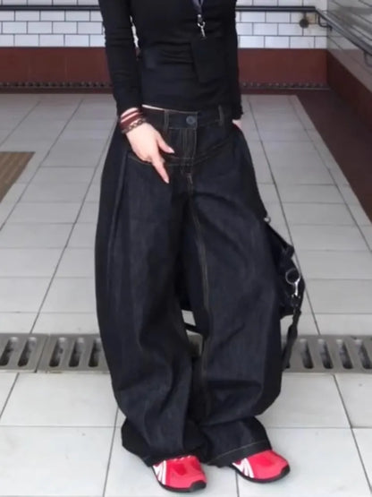 Vintage washed wide leg jeans women in dark denim with a relaxed baggy fit