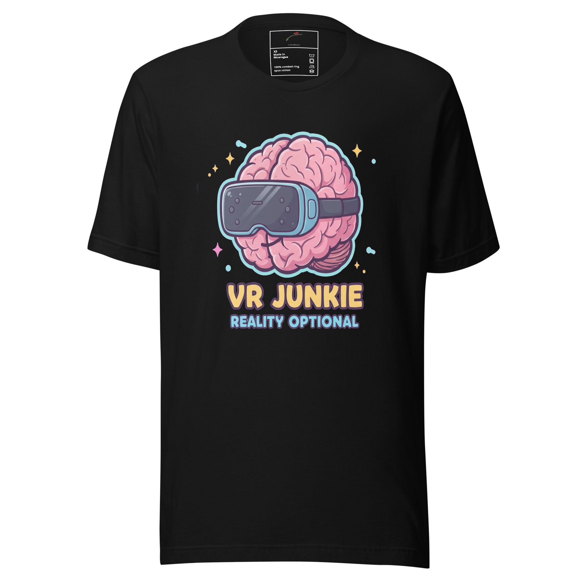LuckeLadybug VR Junkie t-shirt featuring a graphic with a brain and VR headset