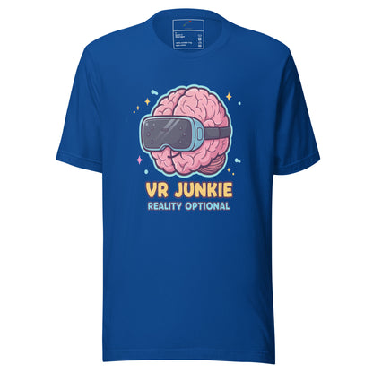 LuckeLadybug VR Junkie t-shirt in blue featuring a brain with VR headset design