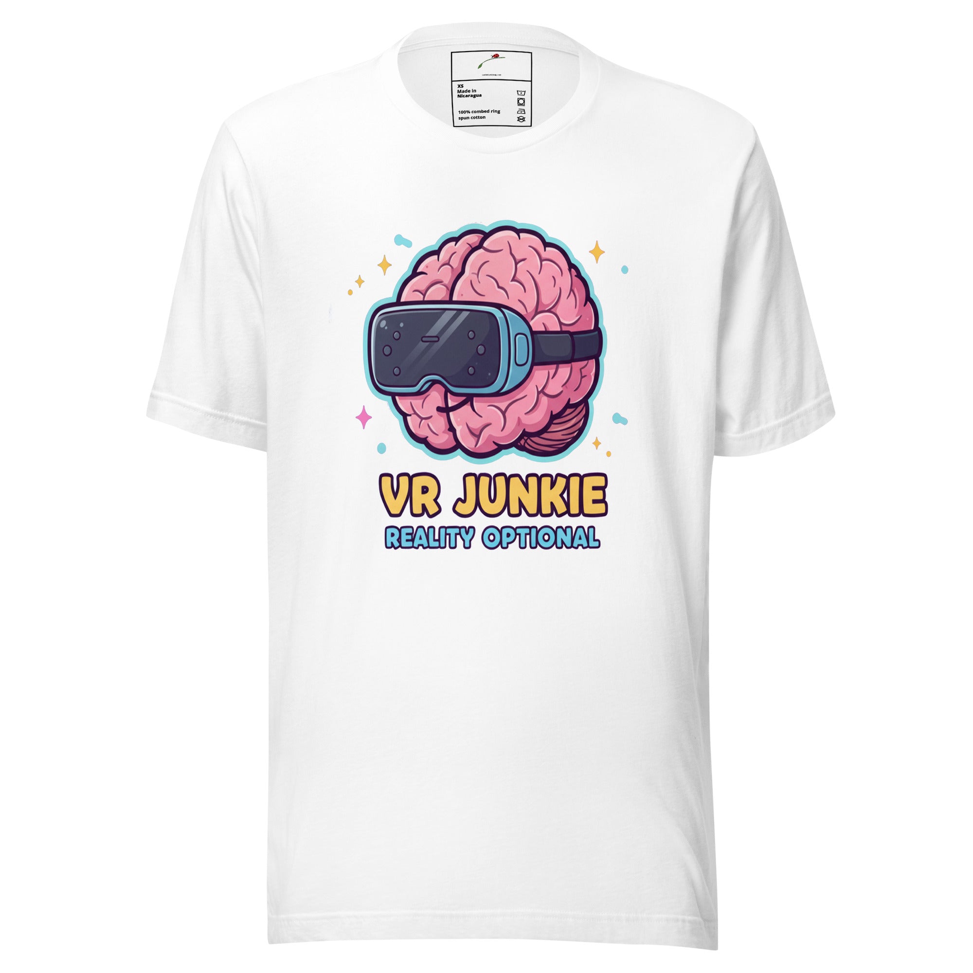 LuckeLadybug VR Junkie t-shirt featuring a fun graphic of a brain with a VR headset