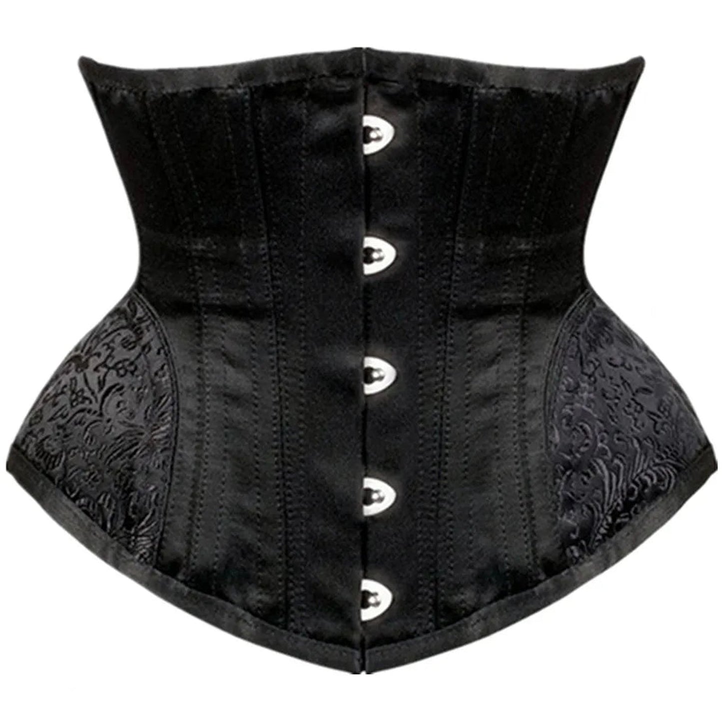 Black waist slimming underbust corset featuring decorative detailing and front metal closures