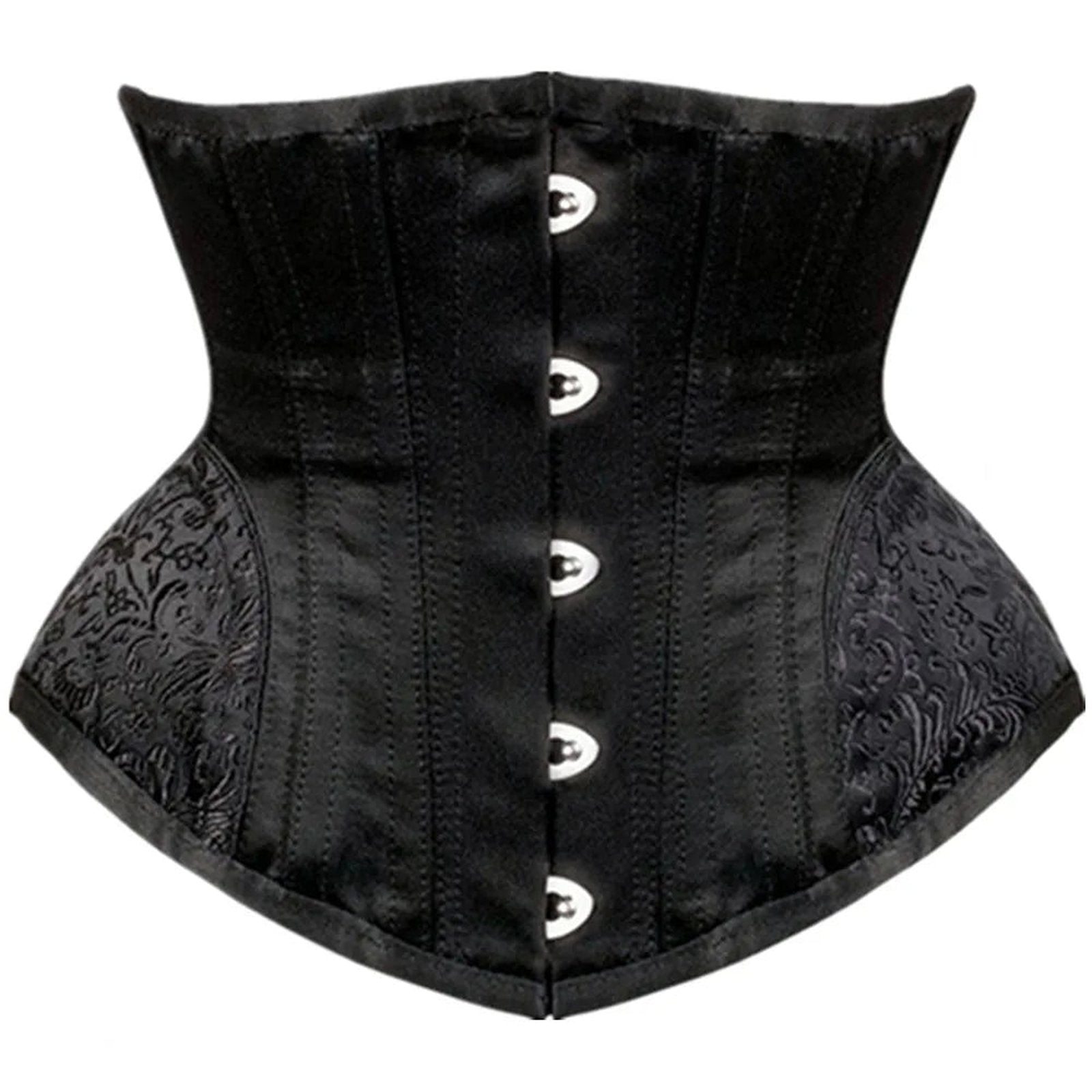 Black waist slimming underbust corset featuring decorative detailing and front metal closures
