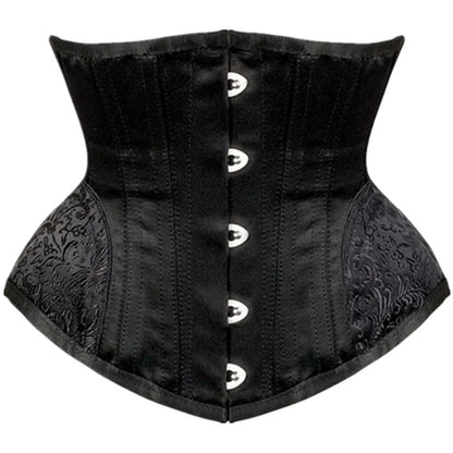 Black waist slimming underbust corset featuring decorative detailing and front metal closures