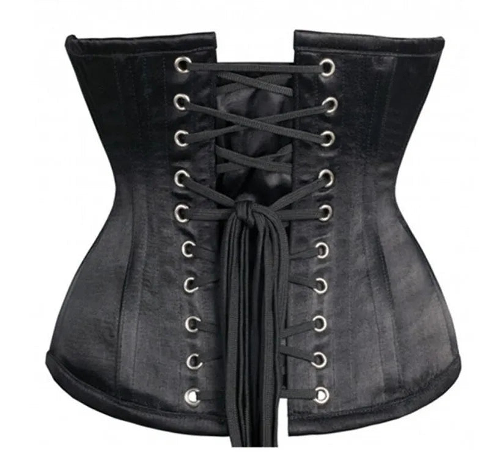 Black satin waist slimming underbust corset with lace-up closure and flexible boning for a defined silhouette