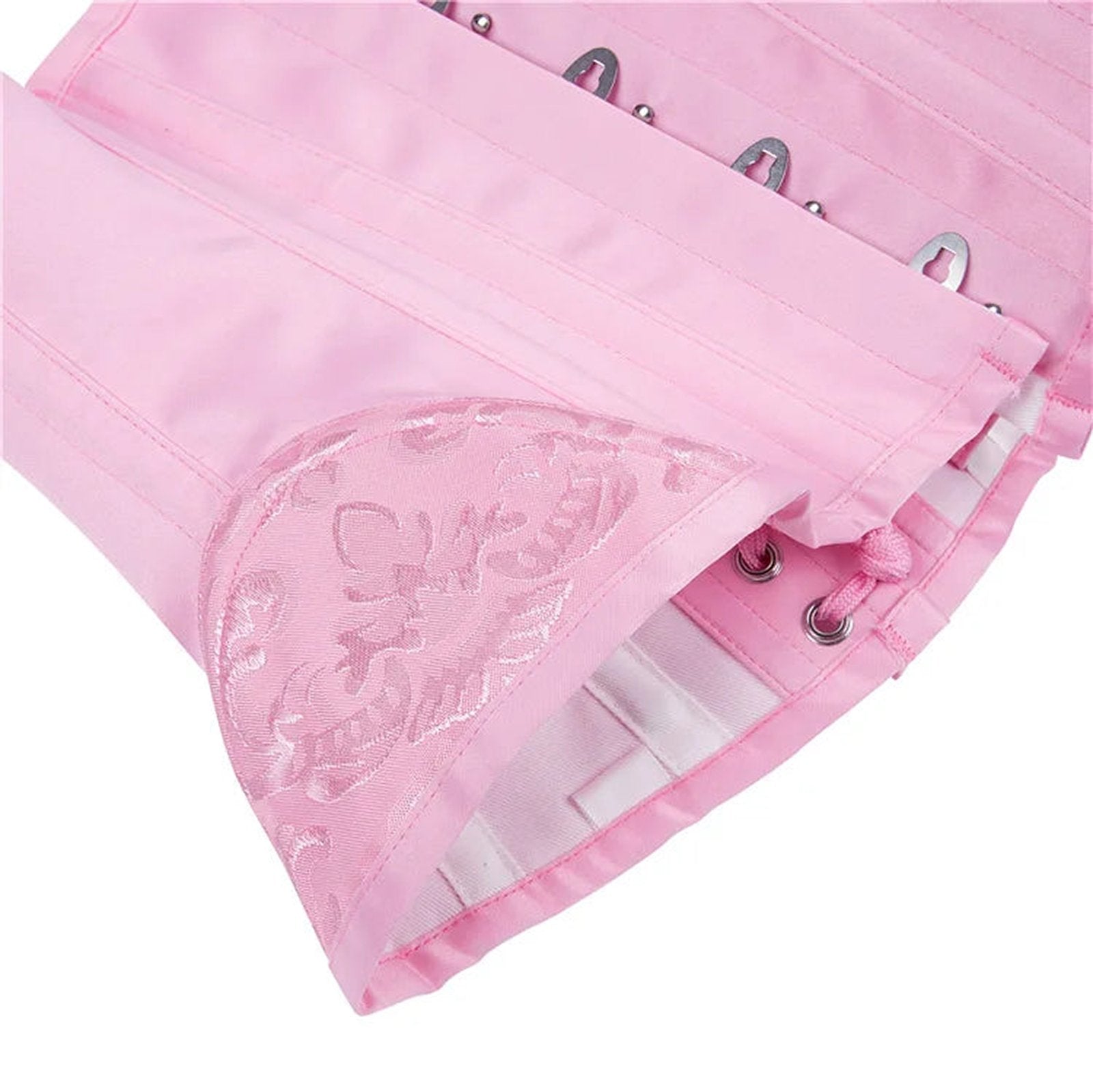 Pink waist slimming underbust corset from LuckeLadybug LLC with lace detailing and hooks