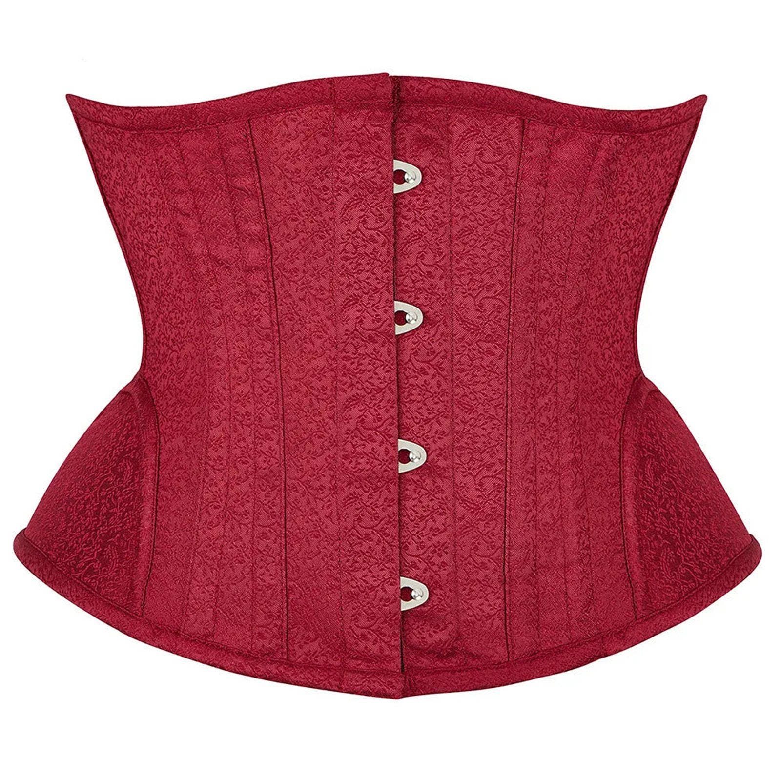 Red waist slimming underbust corset with elegant pattern and front fastening for a flattering silhouette