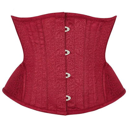 Red waist slimming underbust corset with elegant pattern and front fastening for a flattering silhouette
