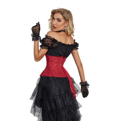 Elegant red waist slimming underbust corset with lace-up back worn over a black ruffled dress