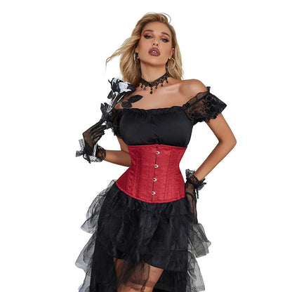 Red waist slimming underbust corset with front buttons, perfect for adding a dramatic touch to outfits