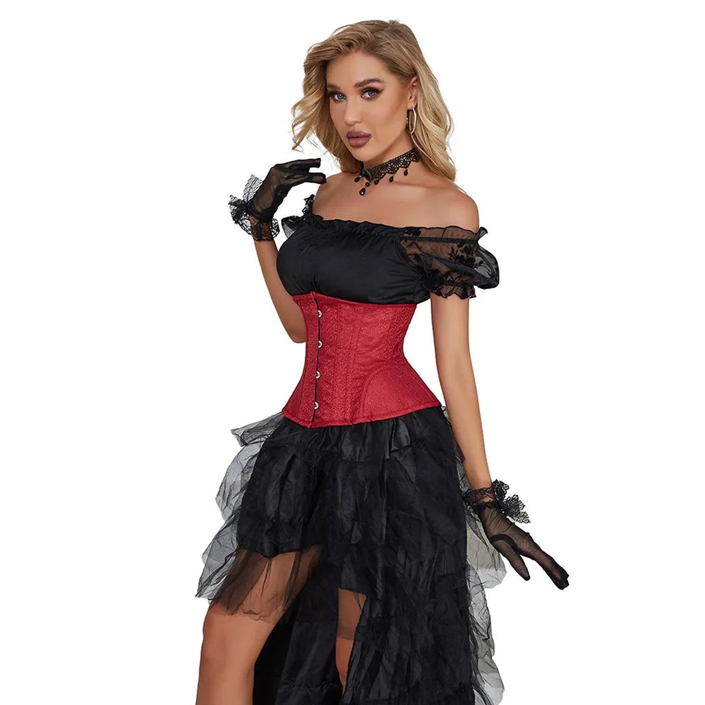 Red waist slimming underbust corset featuring a stylish design with lace detailing and buttons