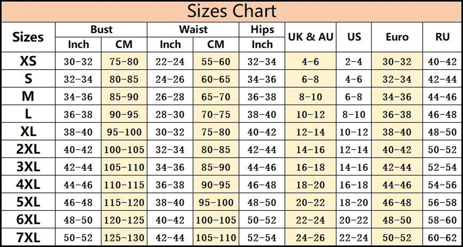 Sizes chart for waist slimming underbust corset showing measurements for different sizes in inches and centimeters