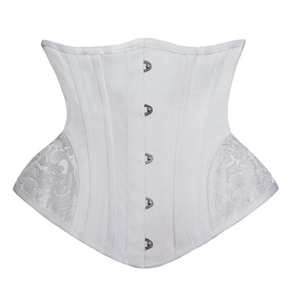 LuckeLadybug LLC Waist Slimming Underbust Corset in White with Elegant Floral Design