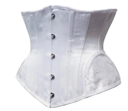 White waist slimming underbust corset with button closure and elegant floral design