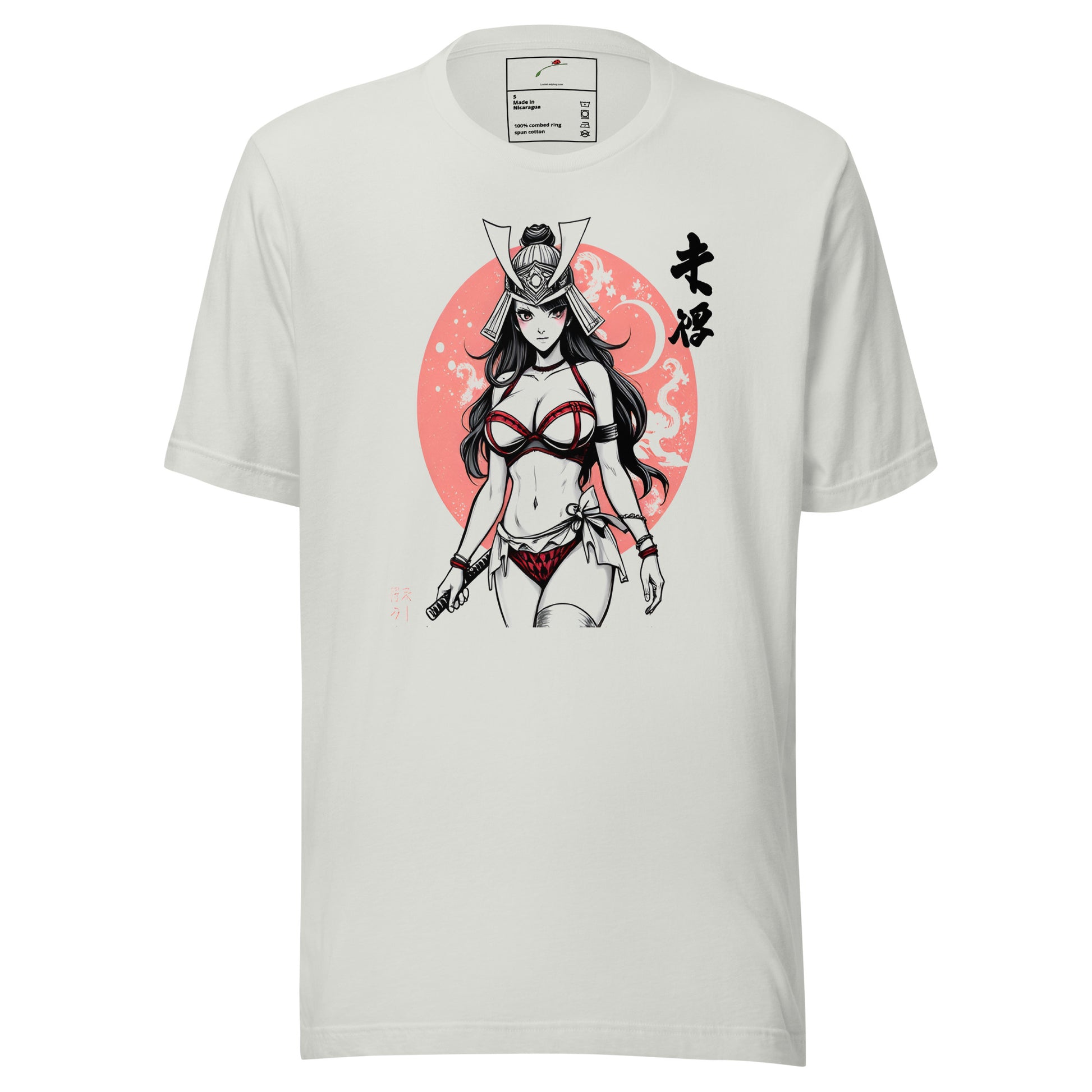 White luckeladybug T-shirt featuring Warrior Spirit Samurai Graphic Tee with stylized female samurai artwork