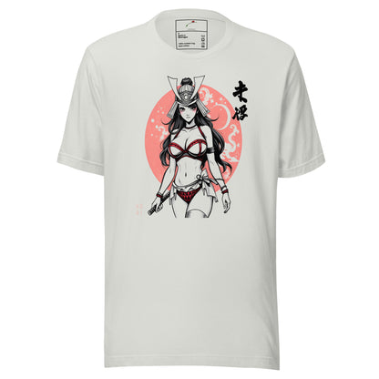 White luckeladybug T-shirt featuring Warrior Spirit Samurai Graphic Tee with stylized female samurai artwork