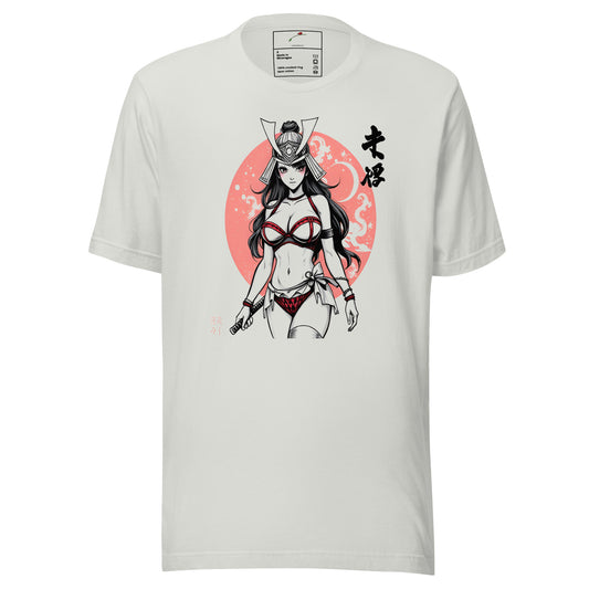 White luckeladybug T-shirt featuring Warrior Spirit Samurai Graphic Tee with stylized female samurai artwork