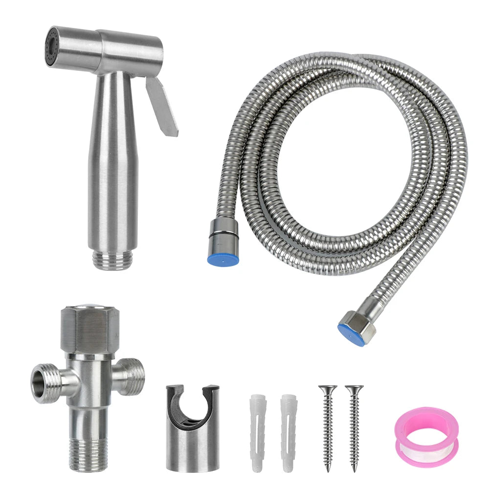 LuckeLadybug stainless steel bidet set with flexible hose and accessories for easy installation and use
