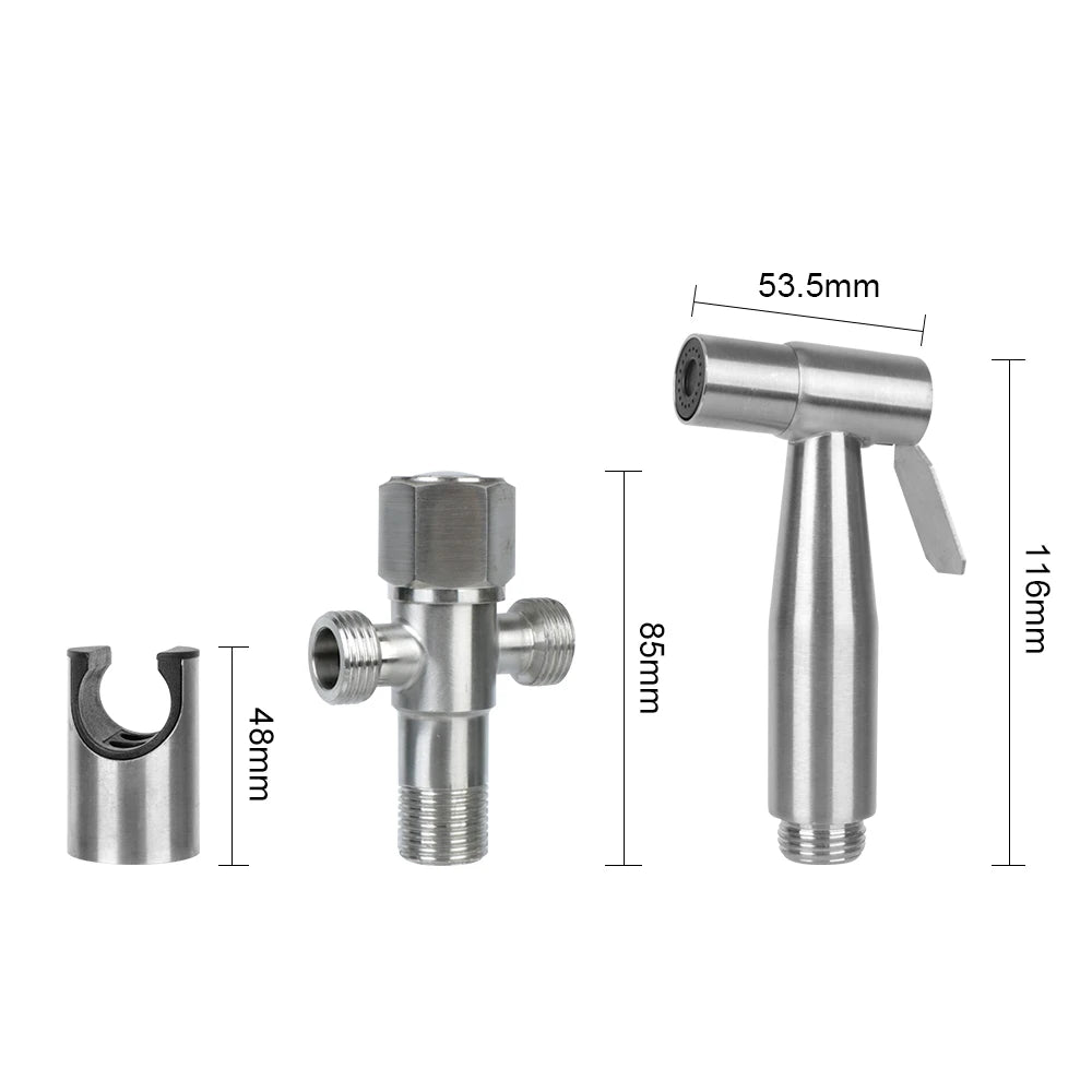 LuckeLadybug stainless steel bidet components showcasing a water flask stainless steel opening and adjustable spray nozzle