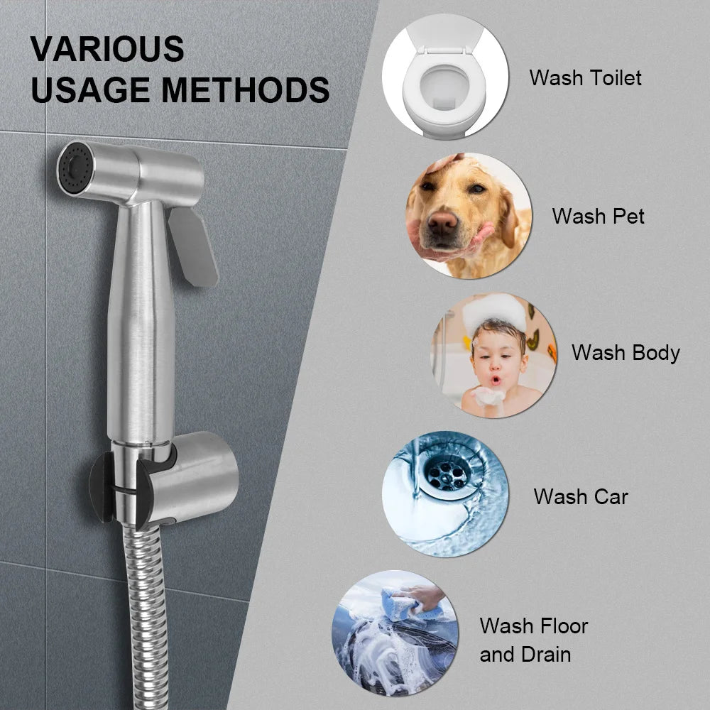 Stainless steel bidet sprayer by LuckeLadybug LLC for versatile cleaning, ideal water flask stainless steel accessory