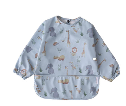 Cute waterproof baby art smock featuring animal prints in soft colors for mess-free playtime
