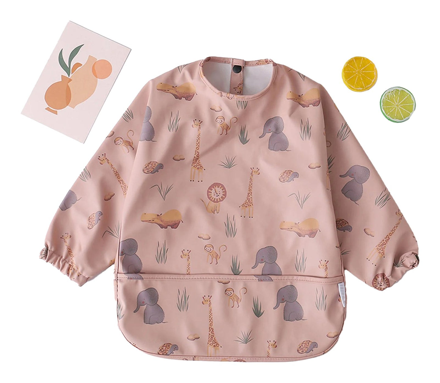 LuckeLadybug LLC Waterproof baby art smock in pink with animal print for mess-free crafting