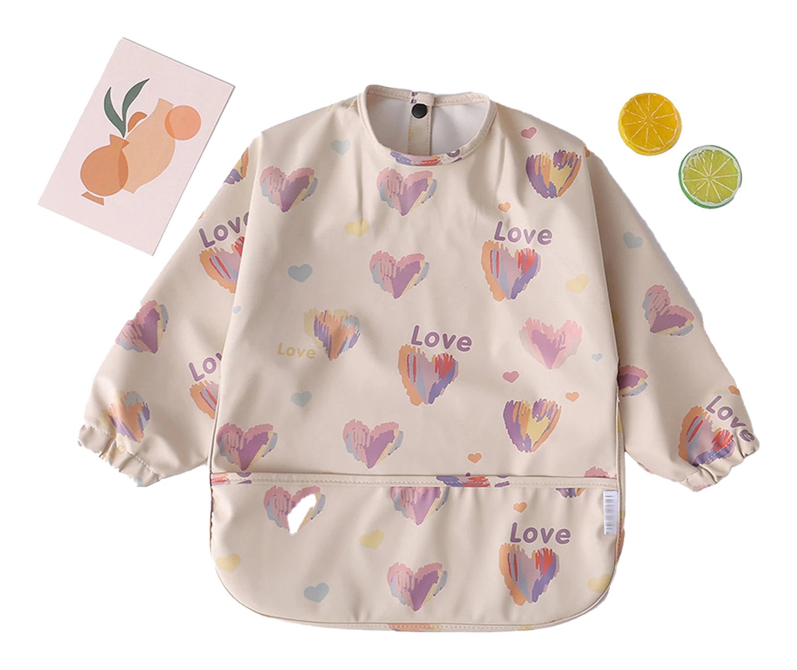 LuckeLadybug waterproof baby art smock with heart design and front pocket for mess-free creativity