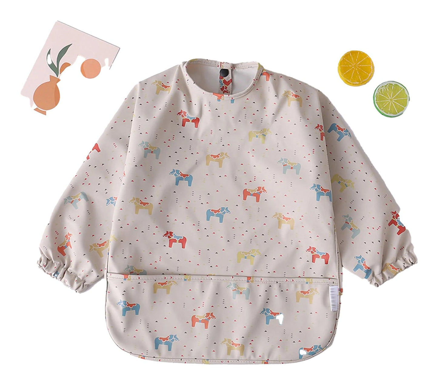 Cute waterproof baby art smock with colorful horse prints for mess-free creative play