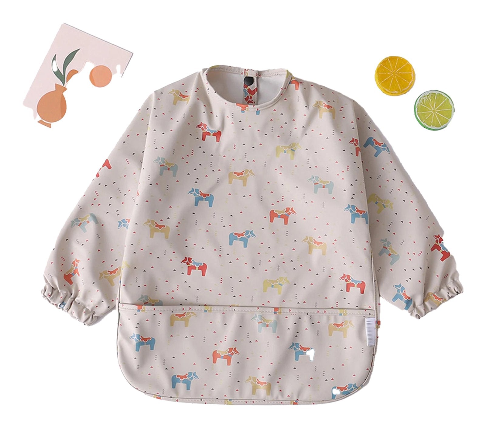Cute waterproof baby art smock with colorful horse prints for mess-free creative play