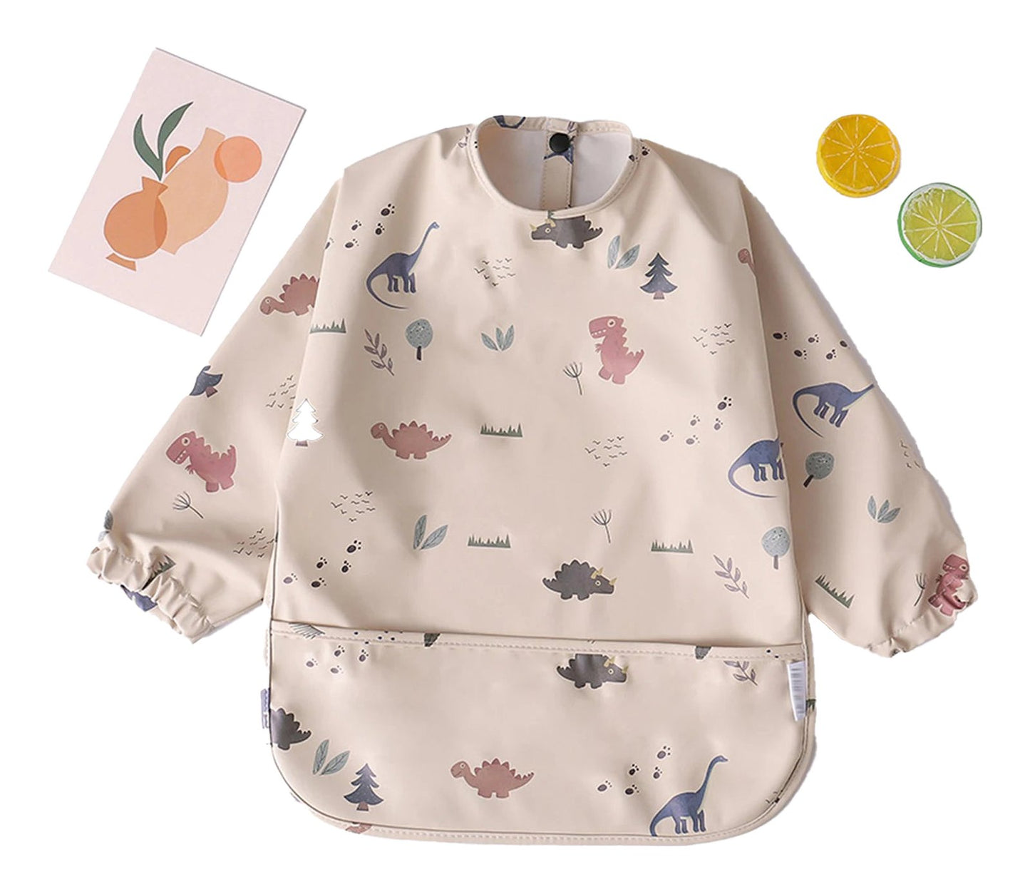 LuckeLadybug waterproof baby art smock with dinosaur print and long sleeves for mess-free creative play
