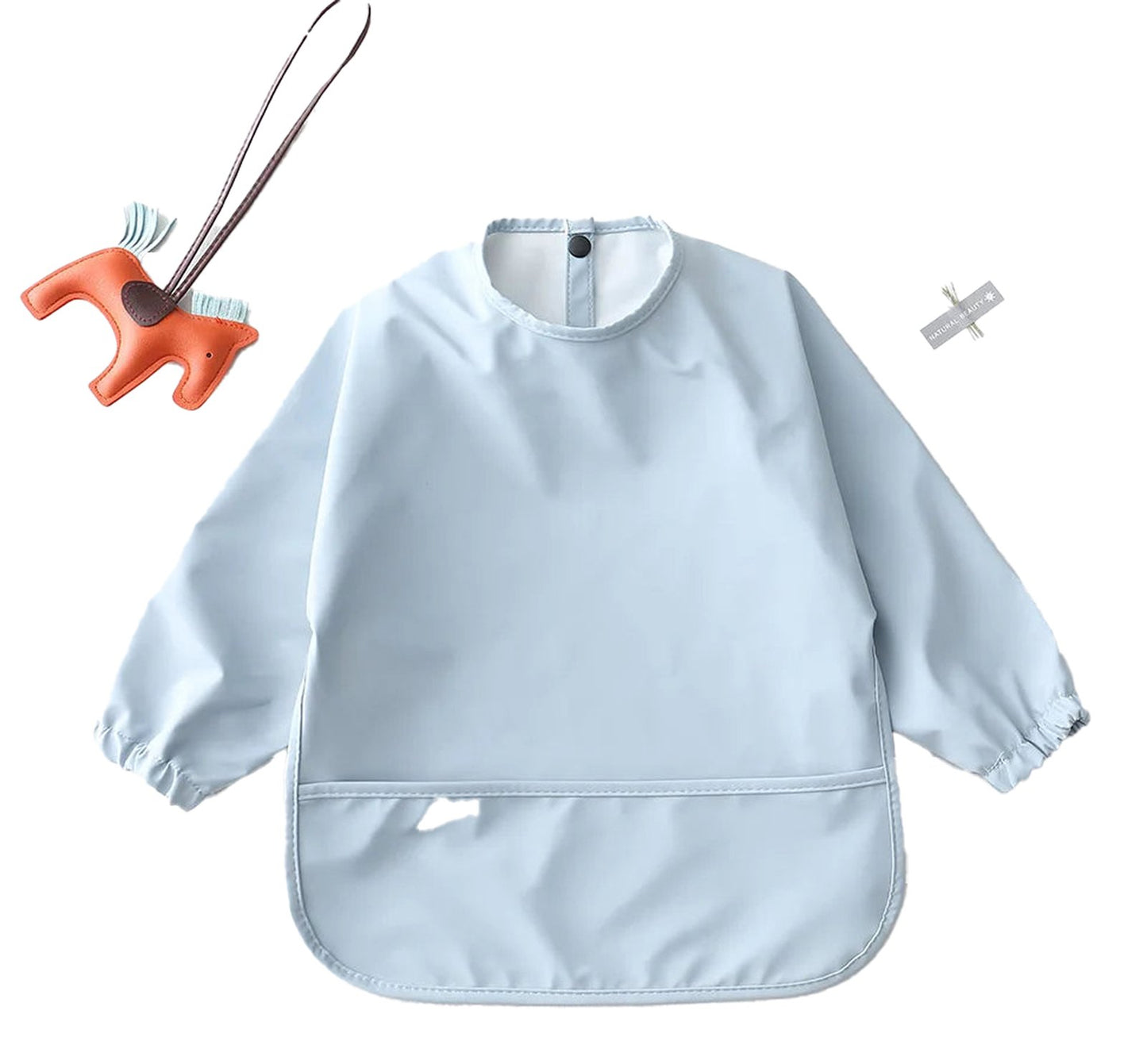 Light blue waterproof baby art smock with elastic sleeves and a large front pocket for mess-free creativity