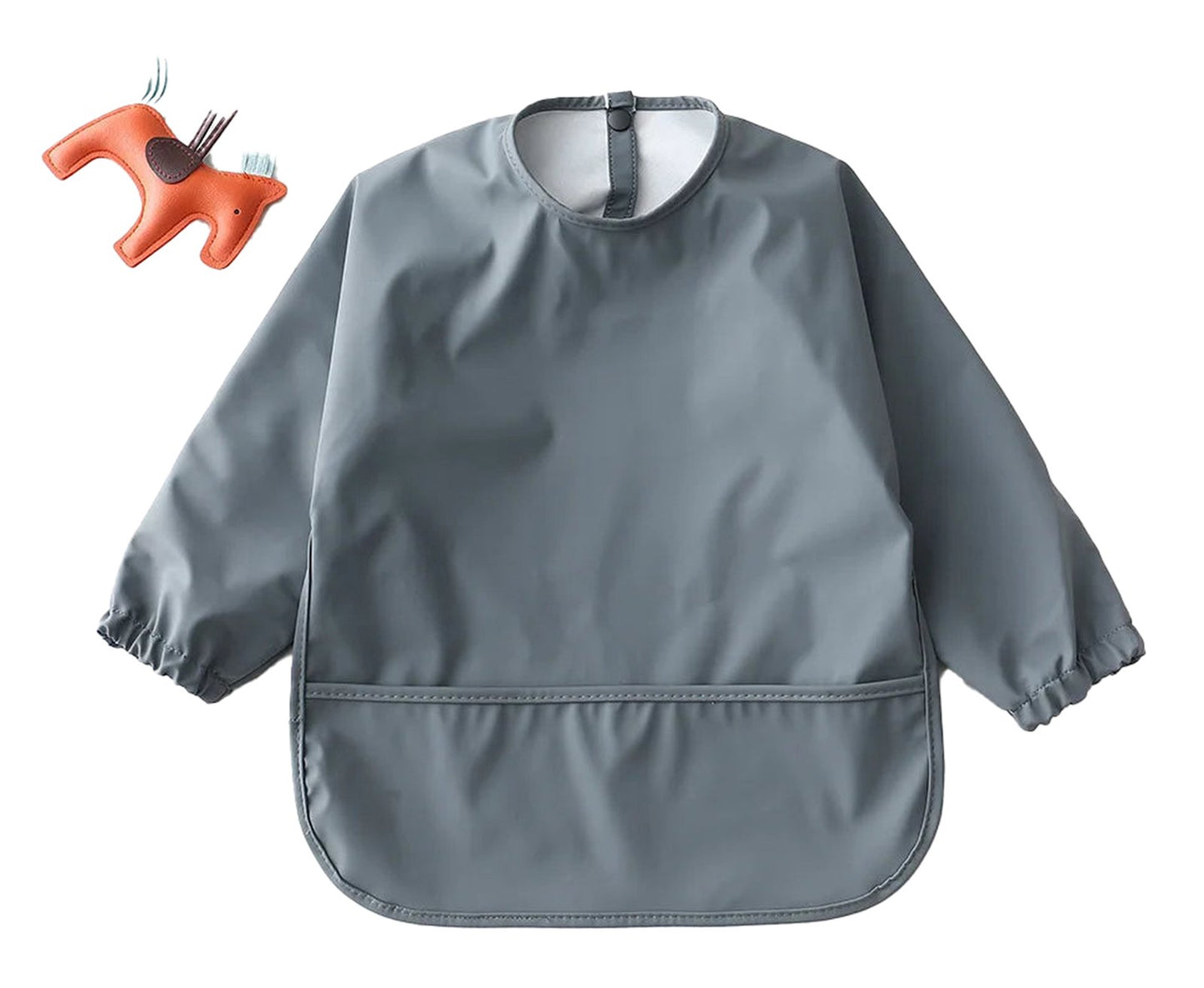 Gray waterproof baby art smock featuring long sleeves and a front pocket for protection during messy activities