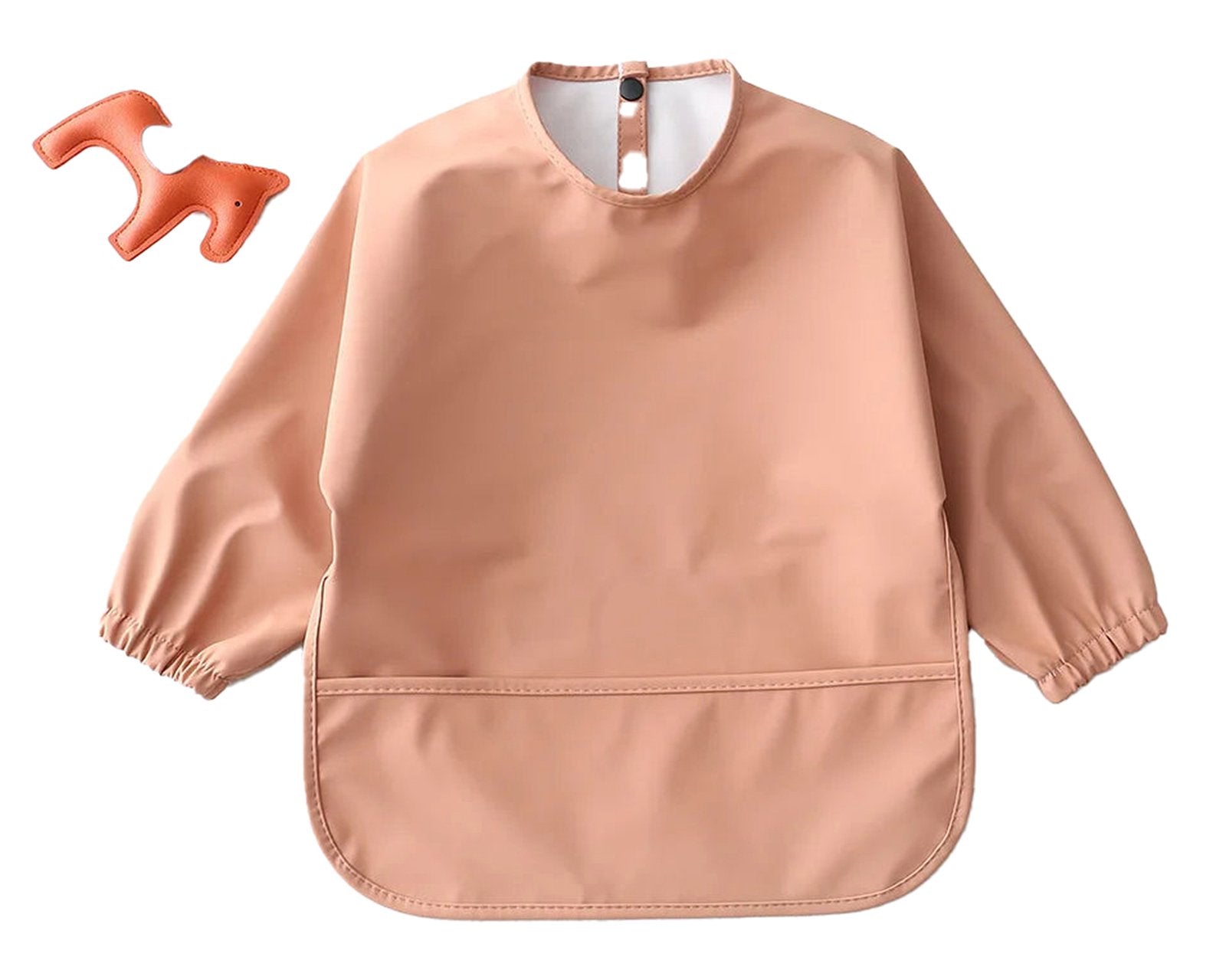 Peach-colored waterproof baby art smock with long sleeves and a front pocket for mess-free creative activities