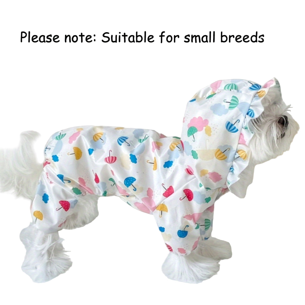LuckeLadybug waterproof dog raincoat for small dogs featuring a colorful umbrella pattern