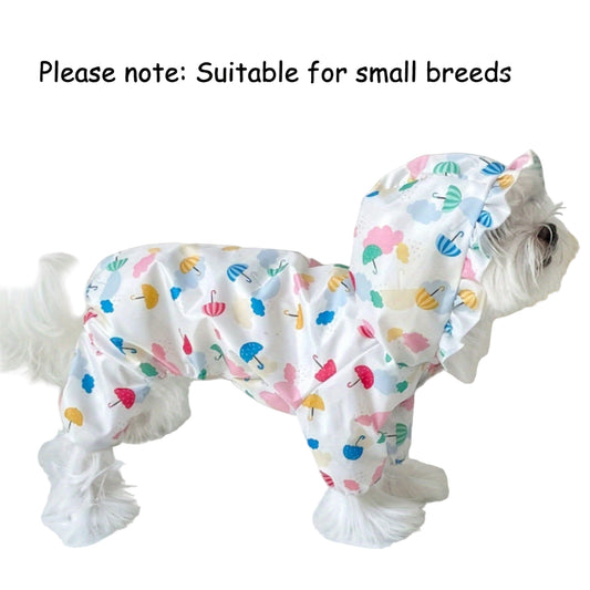 LuckeLadybug waterproof dog raincoat for small dogs featuring a colorful umbrella pattern